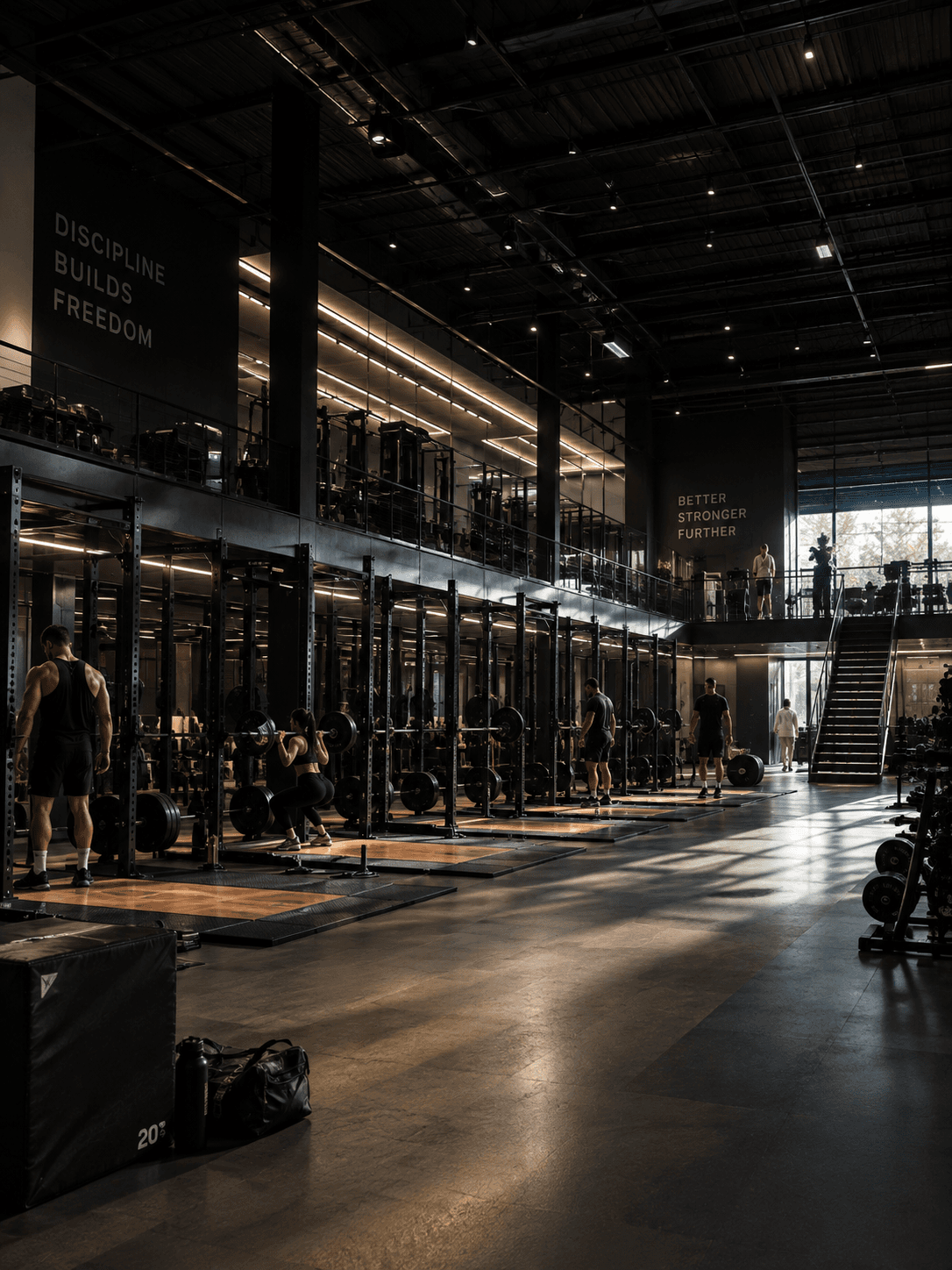 the strength hall seen from the mezzanine, platforms in a row, members mid-session