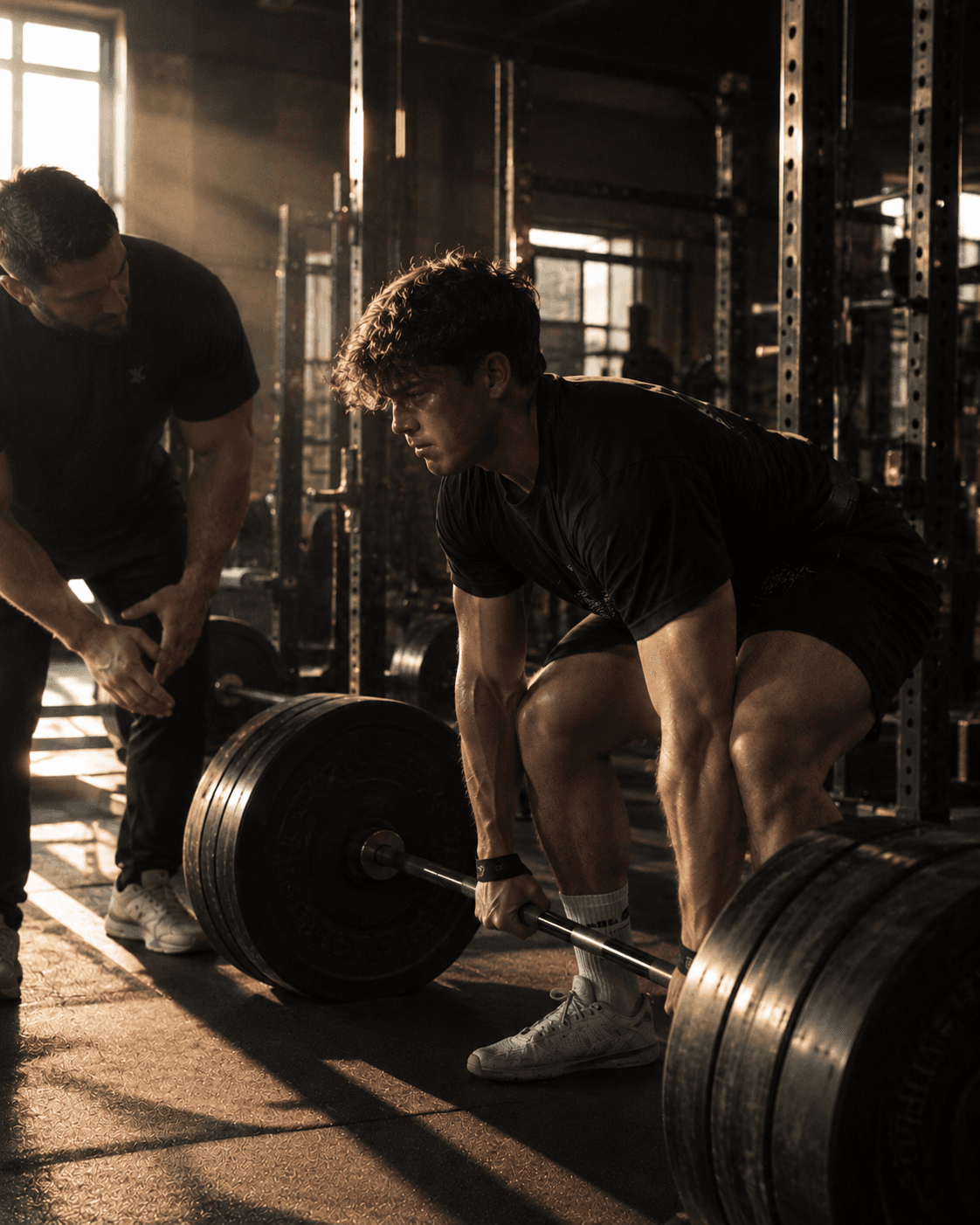 a lifter mid-set on a heavy row, coach cueing from the side, strength hall behind