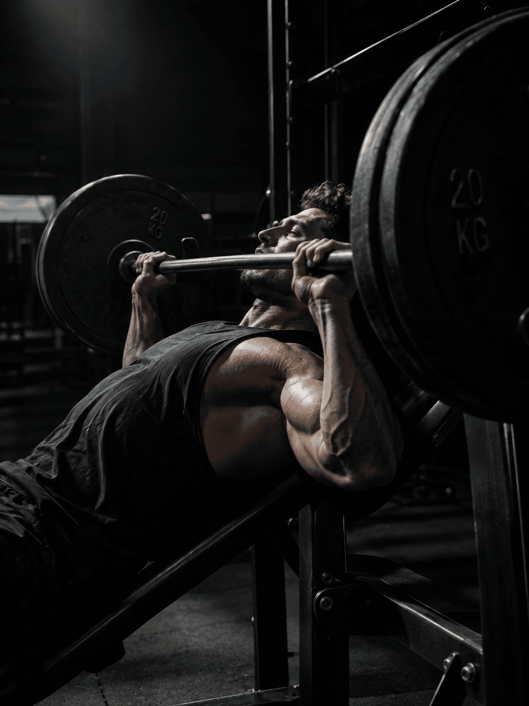 bodybuilder mid-set on an incline press, seen from the side at chest height