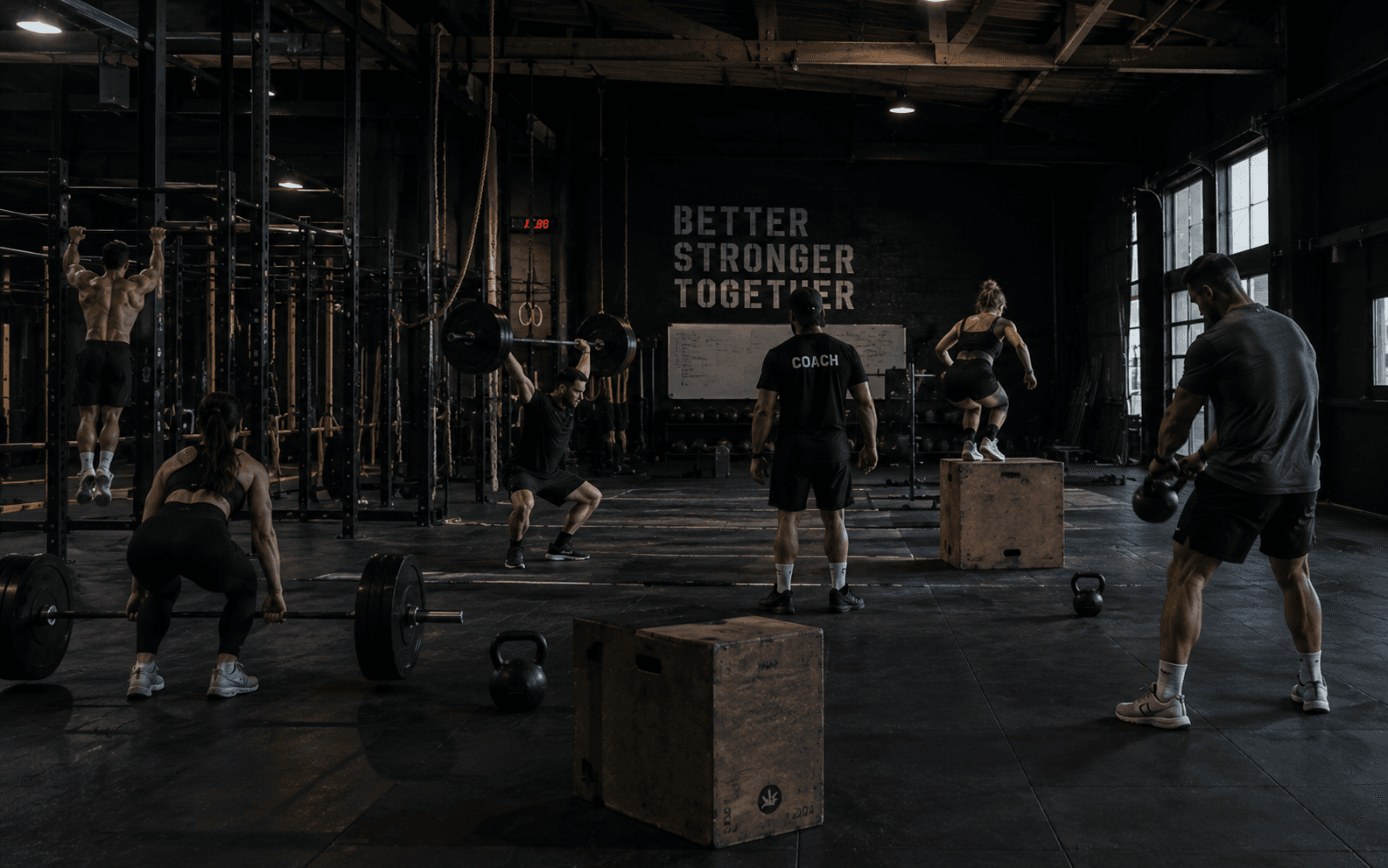 coached CrossFit session in progress under the rig, six athletes working, coach in frame