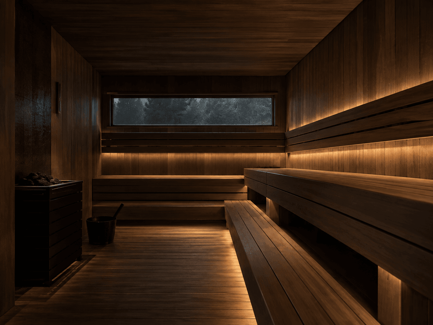 empty sauna interior with timber benches, lit from a single low window