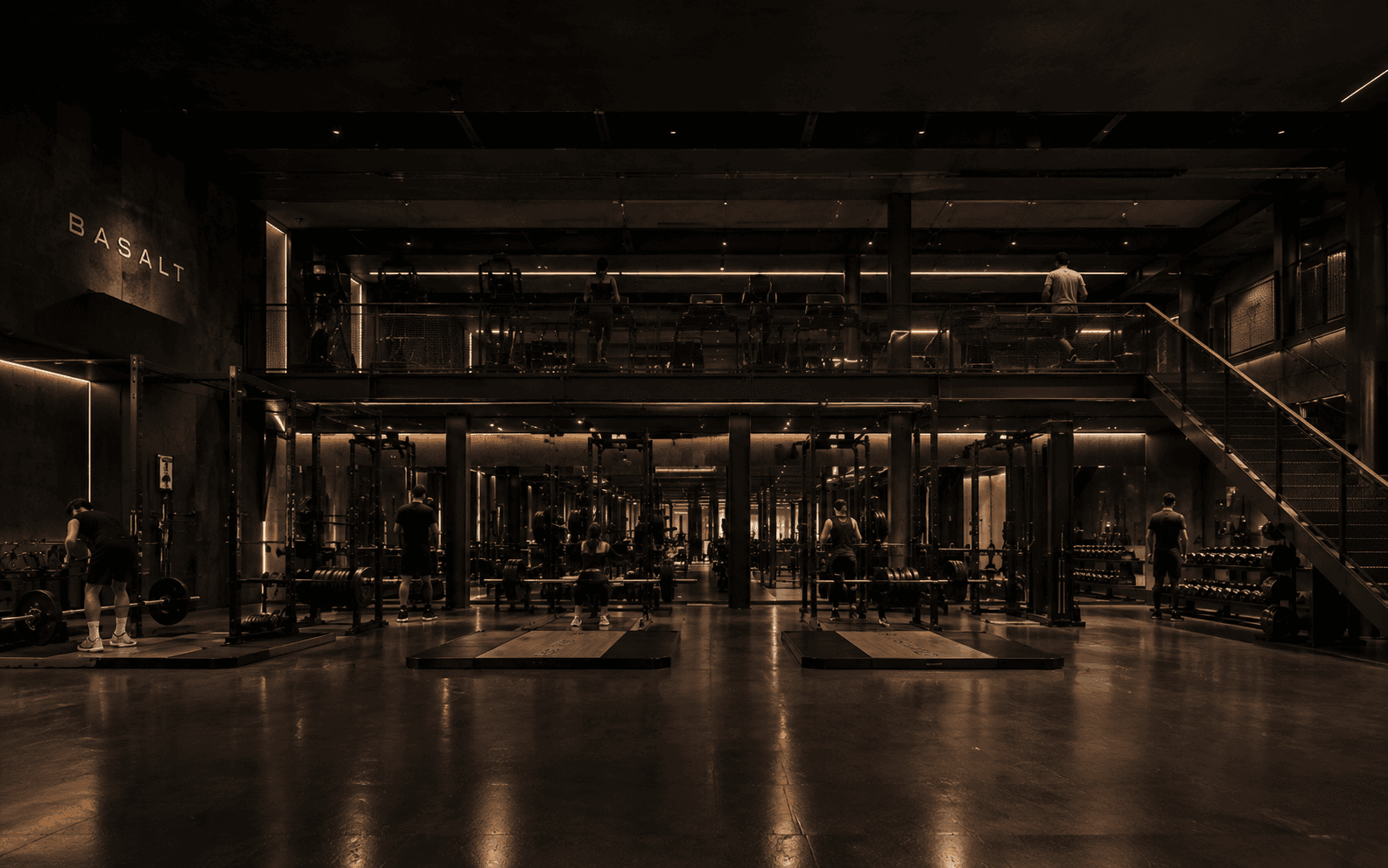 wide view of the ground-floor strength hall with platforms in a row, shot from the mezzanine