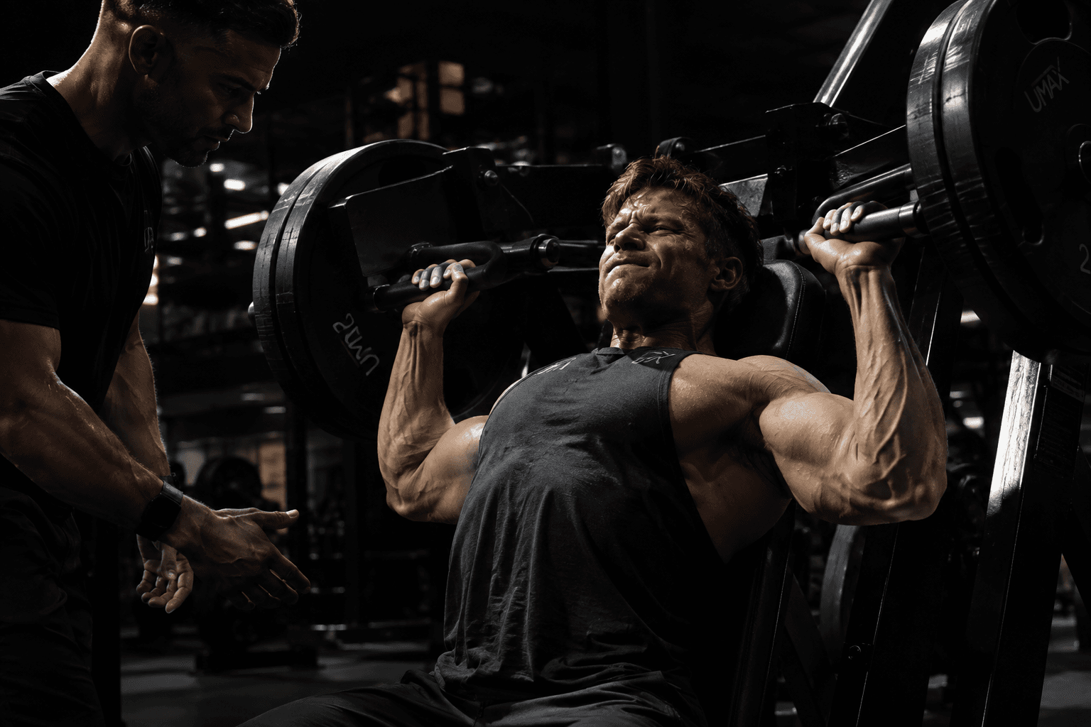 a lifter mid-set on a seated press, coach watching from the side of the frame