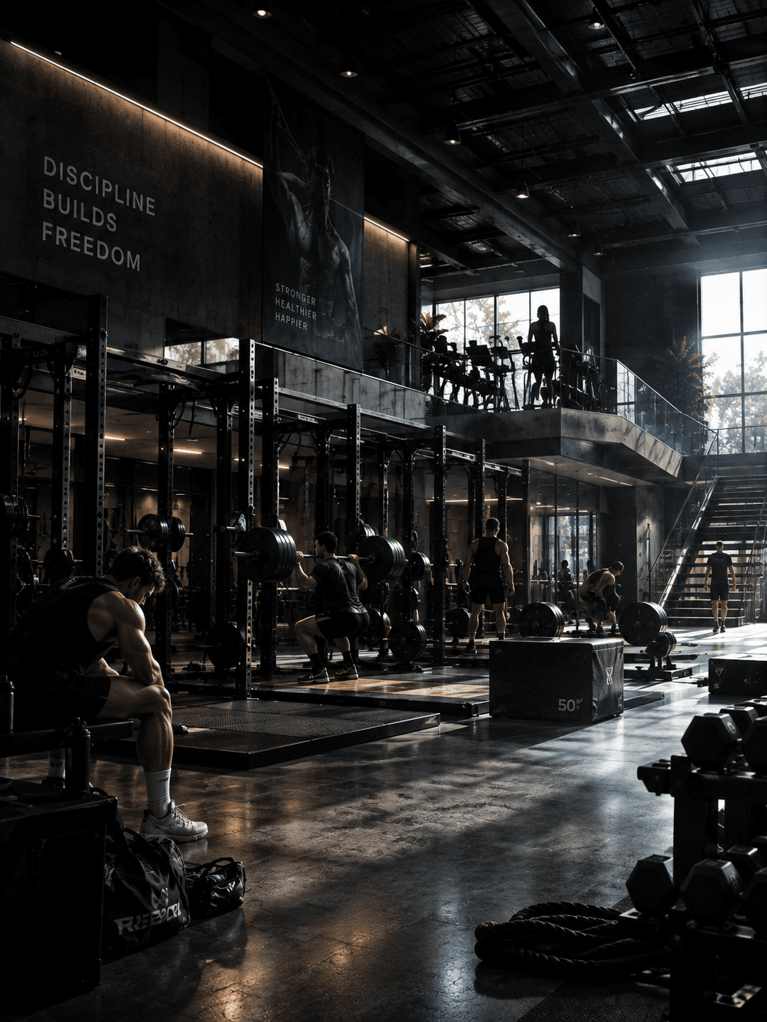 athletes cycling a barbell under the rig during a coached conditioning piece