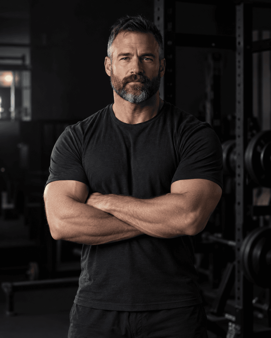 Aaron Feldman, three-quarter portrait on the floor they coach, arms folded