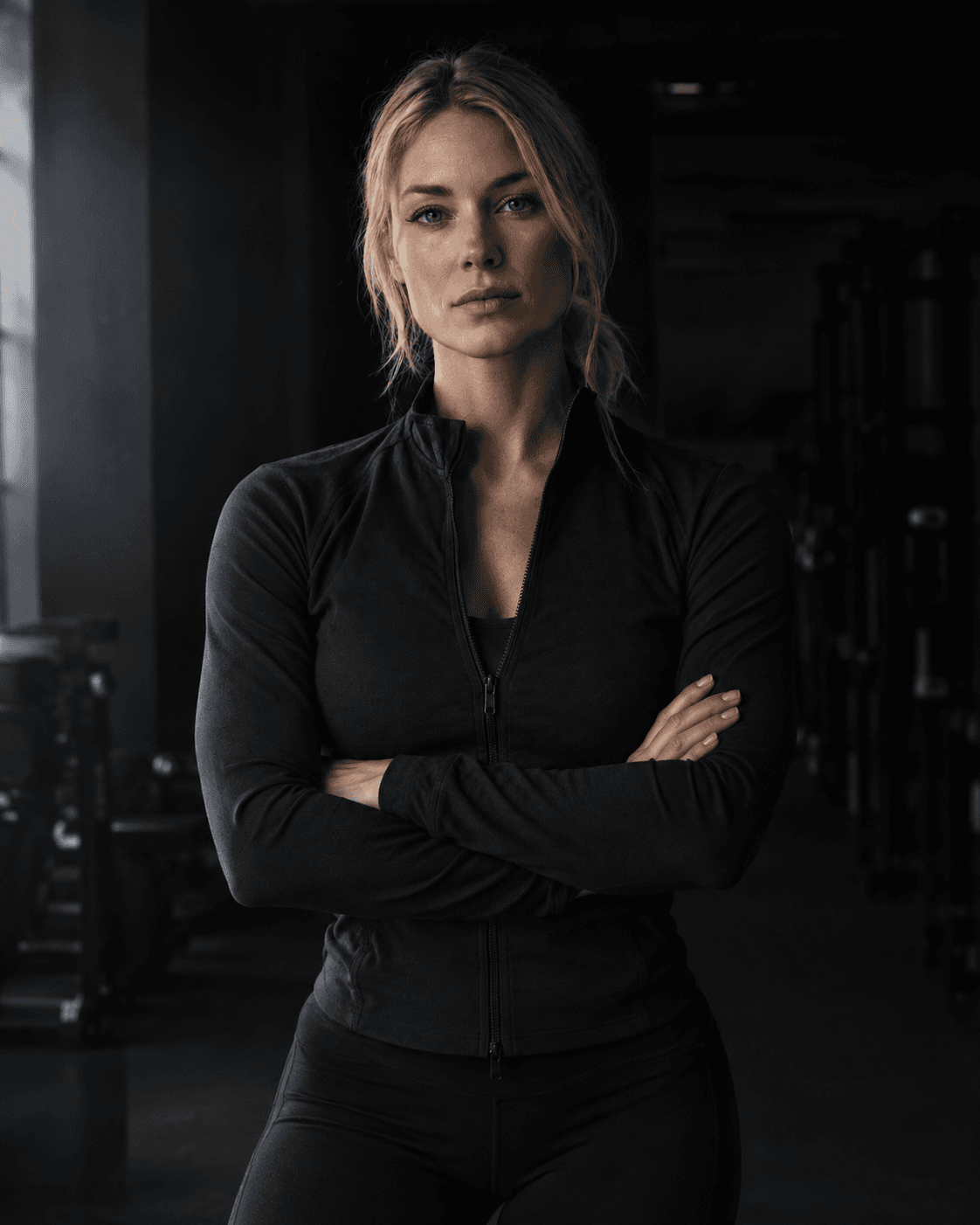 Grace Lindqvist, three-quarter portrait on the floor they coach, arms folded