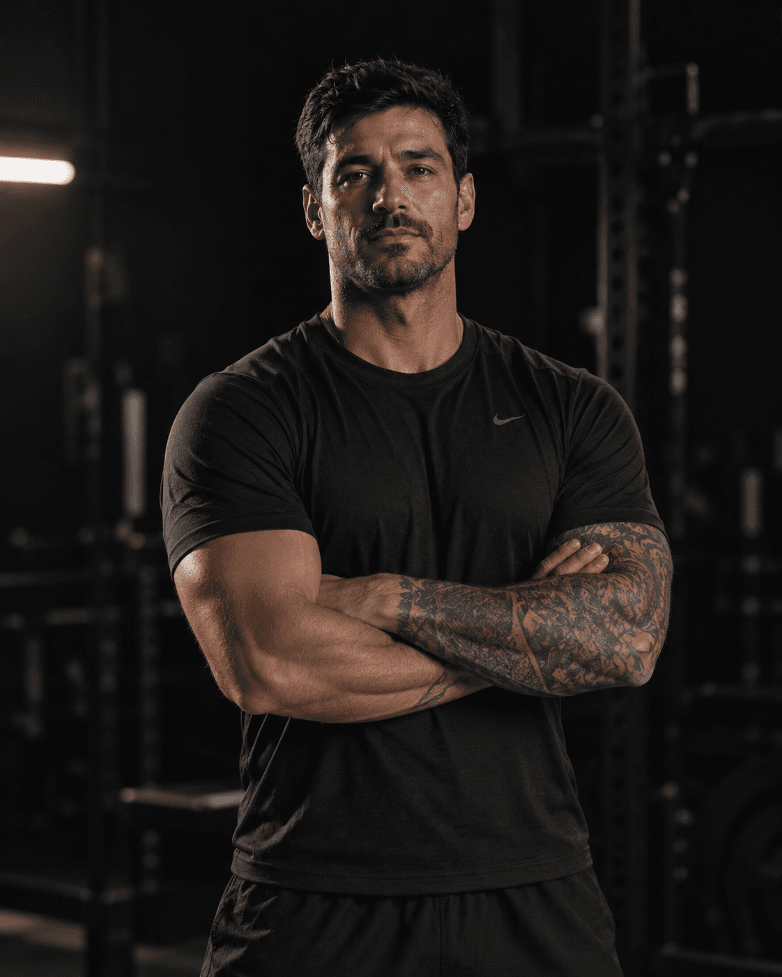 Marcus Vieira, three-quarter portrait on the floor they coach, arms folded