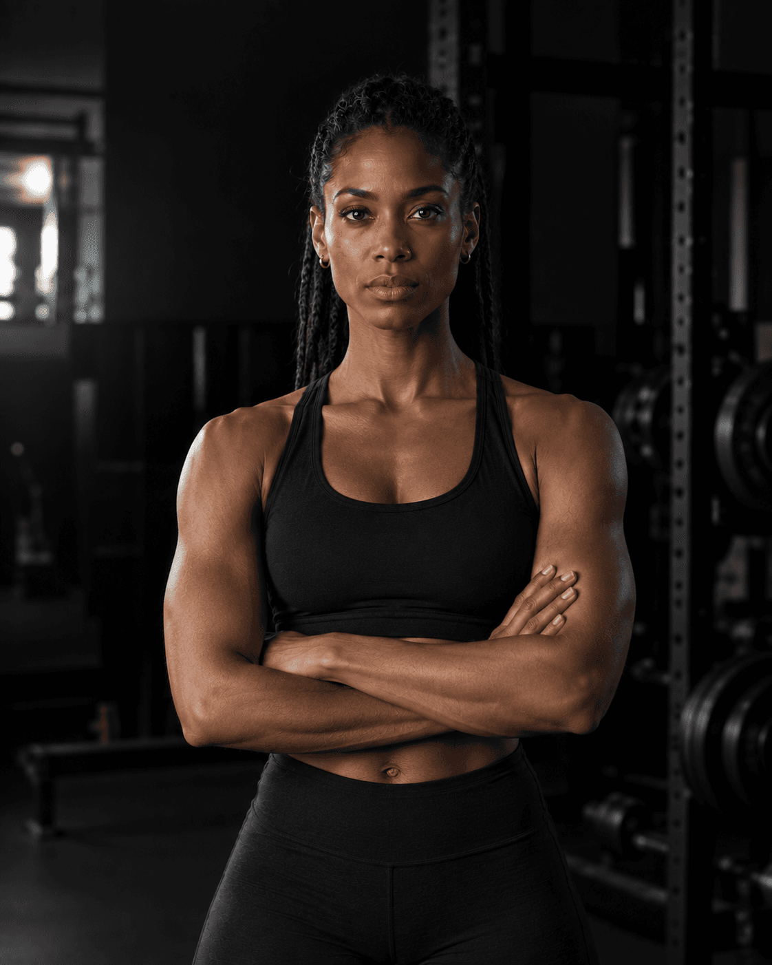 Nia Whitfield, three-quarter portrait on the floor they coach, arms folded