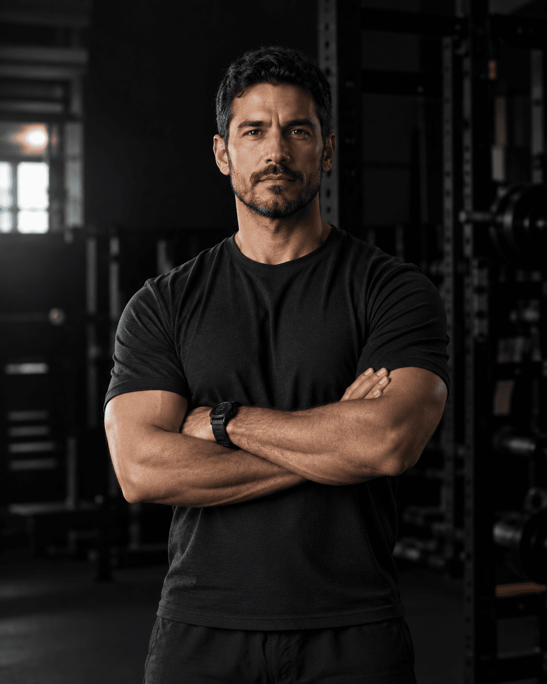 Tomás Delgado, three-quarter portrait on the floor they coach, arms folded