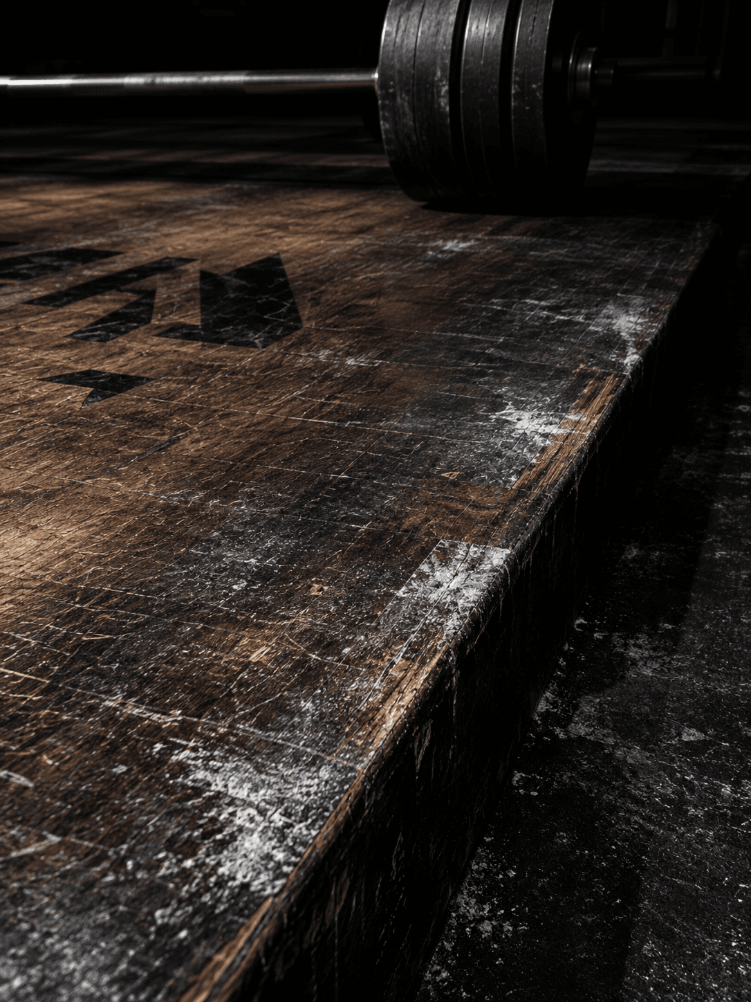 close crop of a competition-height platform edge with worn timber and chalk