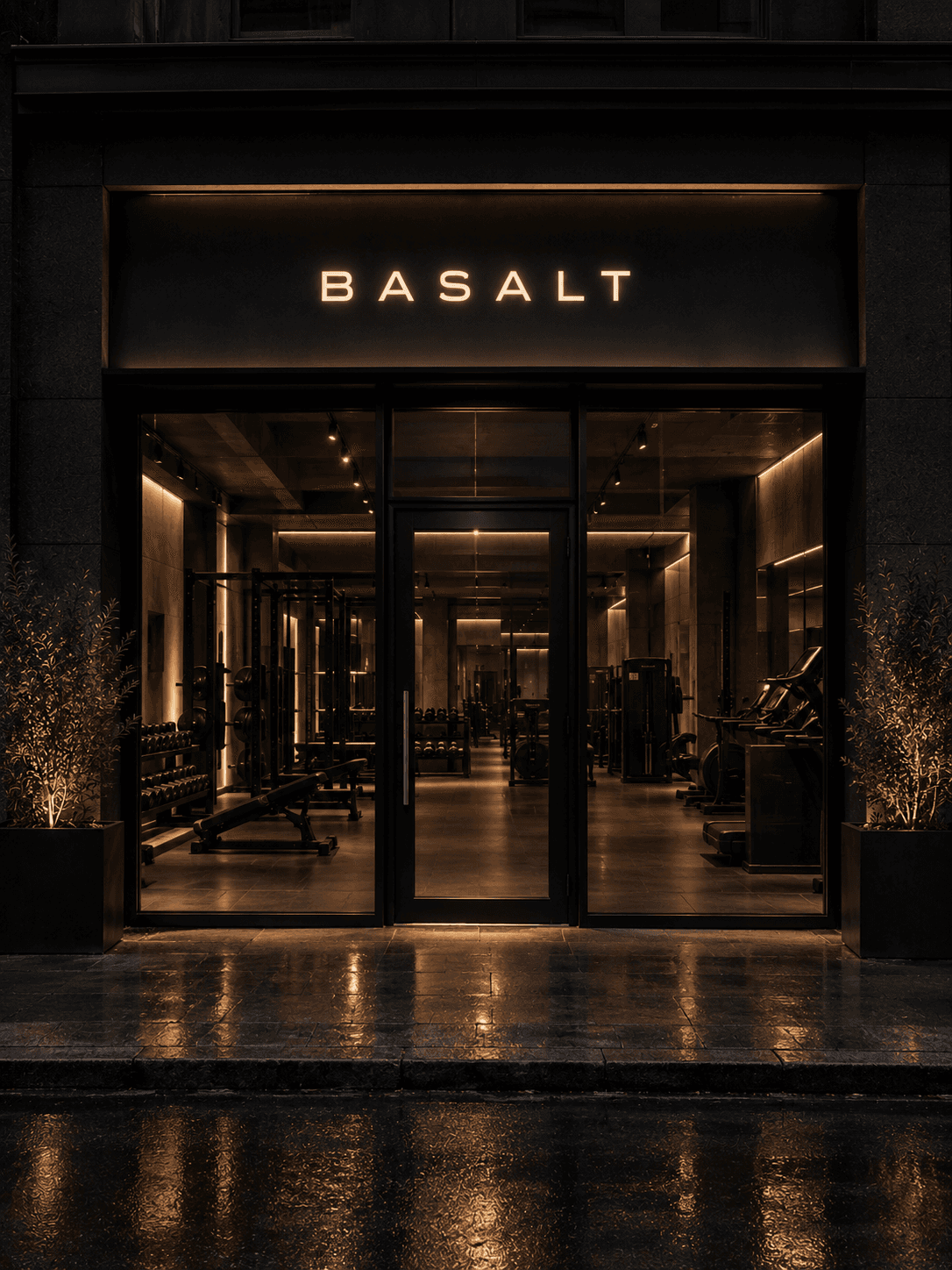 the main entrance from the street, signage visible, glass frontage lit from inside