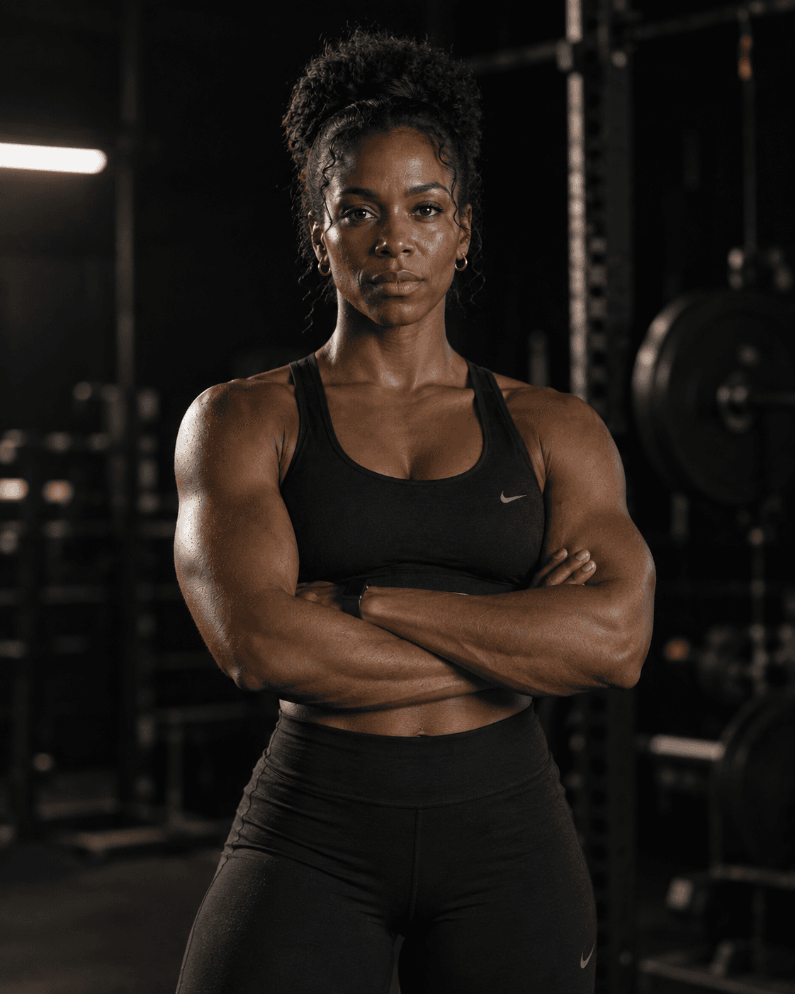 Danielle Okafor, three-quarter portrait on the floor they coach, arms folded