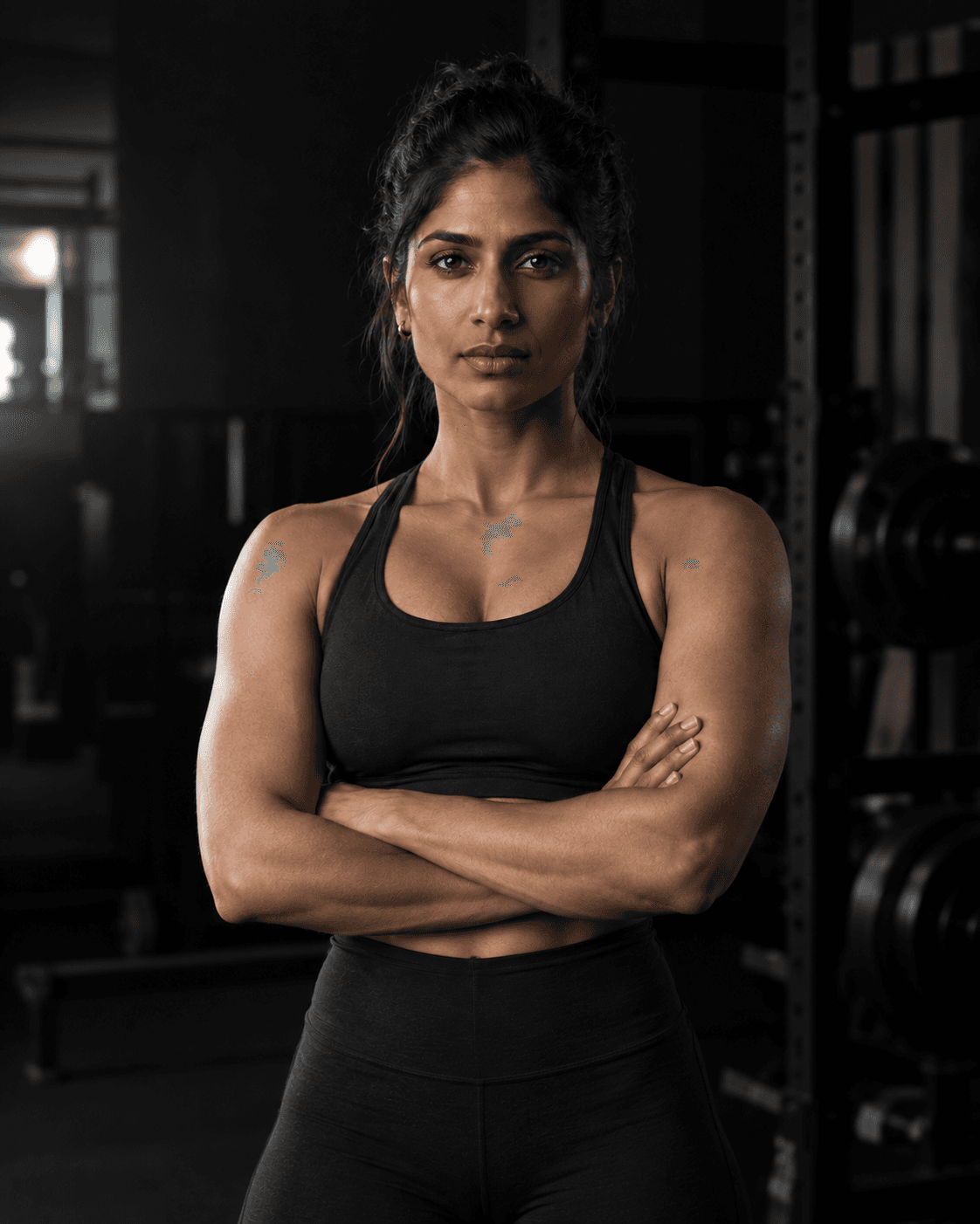 Priya Raman, three-quarter portrait on the floor they coach, arms folded